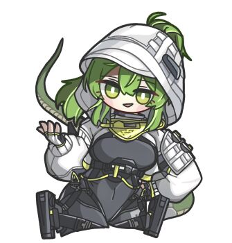 1girl :d arknights arknights:_endfield banbon breasts bright_pupils commentary_request covered_navel fingerless_gloves fluorite_(arknights) gloves green_eyes green_hair hair_through_hood highres hood korean_commentary long_hair long_sleeves medium_breasts open_mouth smile solo tail white_pupils