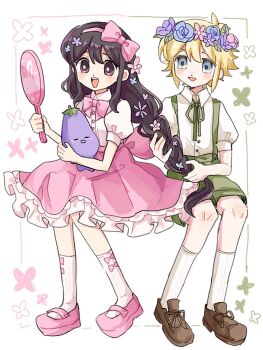 1boy 1girl alternate_costume alternate_hairstyle antenna_hair aubrey_(faraway)_(omori) aubrey_(omori) basil_(faraway)_(omori) basil_(omori) black_eyes black_hair blonde_hair blue_eyes bow bow_hairband bow_legwear bowtie braid bright_pupils brown_shoes collared_shirt commentary double-parted_bangs english_commentary flower flower_wreath green_shorts hair_between_eyes hair_flower hair_ornament hairband head_wreath highres holding holding_mirror holding_stuffed_toy long_hair mirror mr._plantegg_(omori) mugi062 omori pink_bow pink_bowtie pink_hairband pink_shoes pink_skirt puffy_short_sleeves puffy_sleeves shirt shoes short_sleeves shorts sidelocks single_braid skirt socks stuffed_animal stuffed_eggplant stuffed_toy suspender_shorts suspenders white_pupils white_shirt white_socks