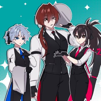 1girl 2boys black_eyes black_hair black_necktie black_pants black_shirt blue_eyes blue_necktie brown_hair fate/grand_order fate_(series) fingerless_gloves gloves grey_hair harada_sanosuke_(fate) highres kawakami_gensai_(fate) looking_at_viewer multicolored_hair multiple_boys necktie pants ponytail red_necktie shirt syu870f toudou_heisuke_(fate) tray waiter waitress white_hair white_shirt