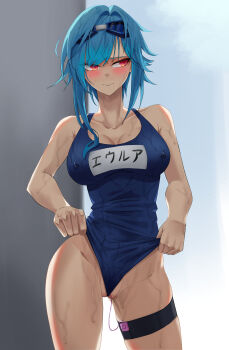 1girl absurdres averting_eyes backlighting bare_shoulders blue-framed_eyewear blue-tinted_eyewear blue_hair blue_one-piece_swimsuit blue_sky blush breasts character_name cleavage closed_mouth clothes_lift clothes_writing collarbone controller covered_erect_nipples cowboy_shot eula_(genshin_impact) eyewear_on_head female_focus frontal_wedgie genshin_impact goggles groin hair_intakes highres japanese_text large_breasts lifting_own_clothes looking_to_the_side medium_hair object_insertion one-piece_swimsuit outdoors partially_visible_vulva raised_eyebrows red_eyes remote_control remote_control_vibrator self_wedgie sex_toy sky solo standing swimsuit swimsuit_lift thigh_strap thighs tinted_eyewear translated vaginal vaginal_object_insertion vibrator vibrator_cord vibrator_under_clothes walnut_1477 wedgie wet wet_clothes