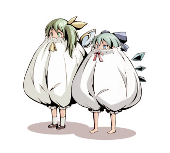 Rule 34 | 2girls, ao usagi, ascot, barefoot, bloomers, blue eyes, blue hair, bow, cirno, commentary, covering own mouth, daiyousei, fairy wings, green eyes, green hair, hair bow, ice, multiple girls, puffy pants, revision, ribbon, shadow, side ponytail, simple background, tareme, touhou, tsurime, underwear, what, wings