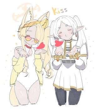 2girls =_= animal_ear_fluff animal_ears black_pantyhose blonde_hair blowing_kiss blue_archive capelet cleavage_cutout closed_eyes clothing_cutout commentary cropped_legs crossover earrings elf fox_ears fox_girl fox_tail frieren halo heart highres jacket jewelry long_hair long_sleeves multiple_girls o3o off_shoulder official_alternate_costume official_alternate_hairstyle one-piece_swimsuit open_clothes open_jacket pantyhose parted_bangs pointy_ears seia_(blue_archive) seia_(swimsuit)_(blue_archive) short_eyebrows shusuchii side_ponytail sidelocks skirt sousou_no_frieren sunglasses swimsuit tail tanezaki_atsumi twintails visor_cap voice_actor_connection white_background white_one-piece_swimsuit white_skirt yellow_halo yellow_jacket
