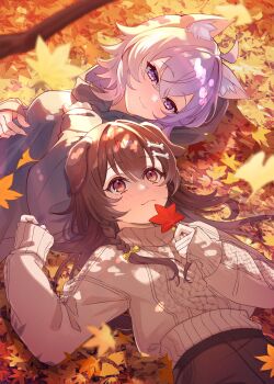 2girls :3 absurdres ahoge animal_ear_fluff animal_ears autumn autumn_leaves blush bone_hair_ornament bow braid branch brown_eyes brown_hair cat_ears cat_girl cat_tail crossed_bangs dog_ears dog_girl eyelashes hair_between_eyes hair_ornament highres holding holding_leaf hololive inugami_korone krn_udn leaf looking_at_another lying multiple_girls nekomata_okayu purple_eyes purple_hair sweater tail turtleneck turtleneck_sweater virtual_youtuber yellow_bow
