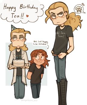 2boys :3 arms_behind_back birthday_cake black_shirt blonde_hair blue_eyes boots brown_hair cake candle choker closed_mouth commentary dee_(metal_family) denim ear_piercing english_commentary english_text espresso_xo eyeshadow food freckles frown green_eyes happy_birthday hat heavy_(metal_family) highres holding holding_cake holding_food jeans jewelry knee_boots long_hair makeup metal_family multiple_boys pants party_hat piercing ponytail shirt simple_background smile speech_bubble t-shirt white_background