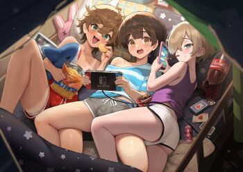 3boys :d absurdres ass blue_eyes blush brown_eyes brown_hair bulge card cellphone chips_(food) cola commentary_request cuddling dolphin_shorts food green_eyes hakusyokuto highres indoors looking_at_viewer lying male_focus male_underwear male_underwear_peek multiple_boys nintendo_switch on_back on_bed on_side open_mouth original phone playing_card pocky potato_chips purple_tank_top short_hair shorts shota single_off_shoulder smartphone smile tan tank_top tanline topless_male underwear
