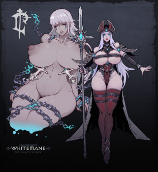 1girl absurdres armor axe bikini_armor boots breasts chain garter_straps glowing glowing_clothes glowing_eyes high_heel_boots high_heels highleg highres huge_breasts l_axe leotard mage_staff nipples nude puffy_nipples sally_whitemane staff thighhighs warcraft white_hair wizard world_of_warcraft