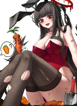1girl :d absurdres alternate_costume alternate_hairstyle animal_ears antenna_hair bandaid bandaid_on_arm bare_shoulders black_hair black_nails black_thighhighs blood blood_halo blue_archive blunt_bangs blush breasts carrot choker cleavage collarbone curvy eyelashes fake_animal_ears feet_out_of_frame from_below furrowed_brow hair_over_breasts hair_over_shoulder halo highleg highleg_leotard highres holding holding_carrot jaffna knees_up large_breasts leotard liquid_halo long_hair looking_at_viewer nail_polish open_mouth playboy_bunny ponytail rabbit_ears red_choker red_eyes red_halo red_leotard sharp_teeth simple_background sitting skindentation smile solo speech_bubble strapless strapless_leotard teeth thighhighs thighs torn_clothes torn_thighhighs tsurugi_(blue_archive) upper_teeth_only very_long_hair white_background white_wrist_cuffs wrist_cuffs