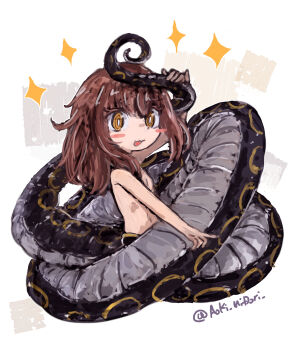 1girl absurdres aoki_midori_(artist) blush_stickers bright_pupils brown_eyes brown_hair flat_chest hand_on_own_tail highres lamia monster_girl navel open_mouth original patterned_background ringed_eyes solo sparkle twitter_username white_background white_pupils