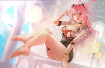 Rule 34 | 1girl, ass, barefoot, black choker, black horns, blue archive, bracelet, breasts, choker, cleavage, collared shirt, double bun, fake horns, gold bracelet, gold necklace, gyaru, hair bun, hairband, halo, horn hairband, horns, hoshino-chan (karisutina), jewelry, kirara (blue archive), knees up, large breasts, long hair, neck ribbon, necklace, on table, open clothes, open shirt, pink hair, pink halo, red eyes, red ribbon, ribbon, school uniform, shirt, smile, solo, table, thighs, undone neck ribbon, v, white shirt