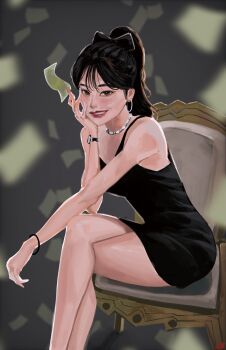 1girl absurdres aiko_(shadow_slave) black_dress black_eyes black_hair blurry blurry_background bow bracelet chair commentary crossed_legs dress earrings falling_money feet_out_of_frame grin hair_bow hand_on_own_face high_ponytail highres hoop_earrings jewelry l3xarts_17 looking_at_viewer money motion_blur outstretched_arm ponytail red_lips shadow_slave short_dress sitting smile solo spaghetti_strap watch wristwatch