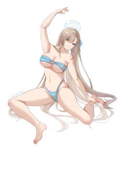 1girl absurdres asagiri_ai asuna_(blue_archive) bare_shoulders barefoot bikini blonde_hair blue_archive blue_bikini blue_eyes blue_halo breasts cleavage collarbone commentary_request groin hair_over_one_eye hair_ribbon halo highres large_breasts long_hair looking_at_viewer navel o-ring o-ring_bikini ribbon sitting smile solo stretching swimsuit thighs very_long_hair