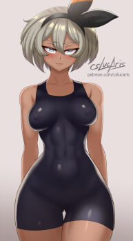 1girl arms_at_sides arms_behind_back artist_name bea_(pokemon) black_unitard commentary cslucaris dark-skinned_female dark_skin embarrassed english_commentary grey_background grey_hair headband highres looking_at_viewer nintendo no_pants no_shirt patreon_username pokemon pokemon_sword_and_shield signature swimsuit