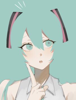 Rule 34 | 1girl, aqua background, aqua eyes, aqua hair, bare shoulders, blending, commentary, emphasis lines, grey shirt, hair between eyes, hatsune miku, highres, index finger raised, kk 022020, looking to the side, open mouth, shirt, sleeveless, sleeveless shirt, solo, teeth, upper body, upper teeth only, vocaloid