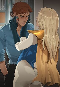 1boy 1girl absurdres blonde_blazer blonde_hair blue_gloves cape commentary dispatch english_commentary gloves headphones highleg highleg_leotard highres leotard muscular muscular_female robert_robertson short_cape slackdzove superhero_costume yellow_cape