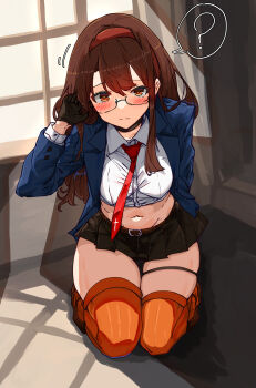 1girl ? arm_at_side bakasp-lilzy black_skirt blazer blue_jacket blush breasts brown_hair center-flap_bangs closed_mouth commentary crop_top cropped_shirt cross cross_print dot_nose double-parted_bangs english_commentary full_body hairband hand_up highres indoors jacket kneeling light_frown long_hair long_sleeves looking_at_viewer medium_breasts midriff miniskirt navel necktie open_clothes open_jacket orange_thighhighs original playing_with_own_hair pleated_skirt print_necktie red_hairband red_necktie ribbed_thighhighs round_eyewear school_uniform shirt skirt solo speech_bubble split_mouth spoken_question_mark thigh_strap thighhighs white_shirt window window_shadow zettai_ryouiki