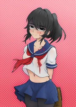 1girl ayano_aishi black_hair blood empty_eyes grey_eyes rorek school_uniform serafuku yandere yandere_simulator