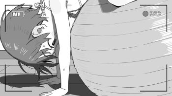 1girl ball barbarian_tk bikini exercise_ball flat_chest greyscale loli monochrome nipples original recording short_hair solo string_bikini striped_bikini striped_clothes swimsuit viewfinder