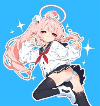 1girl :3 ahoge ass black_sailor_collar black_skirt black_thighhighs blue_archive blue_background blush bright_pupils cardigan closed_mouth dot_nose double_v fingernails hair_between_eyes hair_ornament halo hands_up loli long_hair long_sleeves looking_at_viewer miniskirt mutsuse natsu_(blue_archive) neckerchief outline panties pantyshot pink_hair pink_halo pleated_skirt red_eyes red_neckerchief sailor_collar school_uniform serafuku shirt shoes side_ponytail simple_background skirt smile smug solo sparkle thighhighs thighs trinity_general_school_logo underwear v very_long_hair white_cardigan white_outline white_panties white_pupils white_shoes zettai_ryouiki
