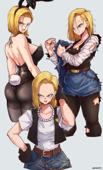 Rule 34 | 1girl, absurdres, alternate costume, android 18, animal ear hairband, animal ears, aosora2823, artist name, ass, black leotard, black pants, black pantyhose, black shirt, blonde hair, blue eyes, blunt ends, clenched hand, cropped legs, dragon ball, dragonball z, earrings, fake animal ears, fake tail, forehead, hairband, highres, jewelry, leotard, looking at viewer, looking back, median furrow, multiple views, pants, pantyhose, playboy bunny, presenting, rabbit ear hairband, rabbit ears, rabbit tail, shirt, short hair, simple background, standing, strapless, strapless leotard, striped sleeves, tail, torn clothes, torn pants, torn shirt, two-tone background, white background, white sleeves