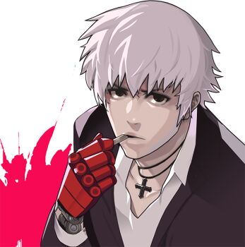 1boy blood blood_splatter brown_eyes cigarette cross cross_necklace formal_clothes gloves jewelry k'_(kof) male_focus necklace pale_skin pink_blood red_glove single_glove smoking solo steward_b suit the_king_of_fighters white_hair