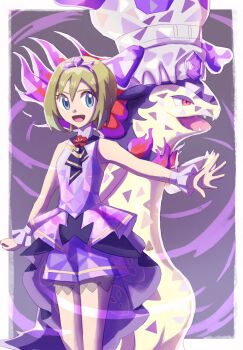 1girl blonde_hair breasts dress fangs fire flower hair_between_eyes headband highres hisuian_typhlosion irida_(anniversary_2025)_(pokemon) irida_(pokemon) looking_at_viewer neckerchief nintendo official_alternate_costume open_mouth painter_rin pink_fire pokemon pokemon_(creature) pokemon_masters_ex purple_dress purple_fire purple_fur purple_headband purple_neckerchief purple_shorts purple_wrist_cuffs red_eyes short_hair shorts shorts_under_dress skull_and_crossbones sleeveless sleeveless_dress smile terastallization wrist_cuffs