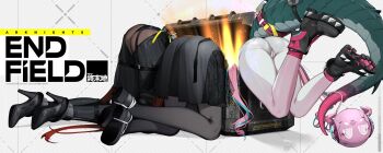 Rule 34 | 3girls, ankle boots, arknights, arknights: endfield, ass, black boots, black dress, black pantyhose, black shoes, blue hair, boots, brown pantyhose, copyright name, crossed ankles, dragon tail, dress, ember (my little pony), endministrator (arknights), female endministrator (arknights), glowing, high heel boots, high heels, highres, kneeling, long hair, multicolored hair, multiple girls, ohkurrva, orb, pants, pantyhose, pink hair, red hair, robot, shoes, striped background, tail, thigh boots, tight clothes, tight pants, treasure chest, trefoil, twintails, two-tone hair, very long hair, white pants, yvonne (arknights)