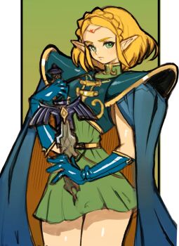 1girl armor blonde_hair blue_cape blue_gloves border braid breasts cape circlet cosplay cowboy_shot crown_braid dakusuta deedlit deedlit_(cosplay) dress elf gloves gold_trim green_background green_dress green_eyes highres holding holding_sword holding_weapon master_sword medium_breasts nintendo orange_cape parted_bangs pillarboxed pointy_ears princess_zelda short_dress short_hair shoulder_armor sidelocks solo sword the_legend_of_zelda the_legend_of_zelda:_breath_of_the_wild turtleneck turtleneck_dress two-sided_cape two-sided_fabric weapon white_border