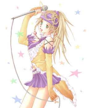 1girl alternate_costume arm_ribbon arm_up back_ribbon bad_id beads belt blonde_hair clothing_cutout commentary_request detached_sleeves final_fantasy final_fantasy_x final_fantasy_x-2 green_eyes hair_beads hair_ornament headband high_ponytail holding holding_microphone long_hair looking_at_viewer lowres microphone miniskirt navel navel_cutout open_mouth ponytail purple_headband purple_skirt rendezvous ribbon rikku_(ff10) skirt smile solo sphere_hair_ornament star_(symbol) tailcoat upper_body white_background white_belt