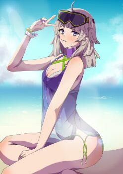 1girl aa-12_(girls&#039;_frontline) aa-12_(the_sun_never_rises)_(girls&#039;_frontline) absurdres ahoge beach bikini blue_eyes blue_sky breasts brown_hair cleavage clothes_writing cloud commentary_request girls&#039;_frontline goggles goggles_on_head hand_up highres lollipop_in_mouth long_hair looking_at_viewer ocean official_alternate_costume open_clothes purple_shirt see-through_clothes see-through_shirt shirt side-tie_bikini_bottom sitting sky snym_ura solo swimsuit untied_bikini v