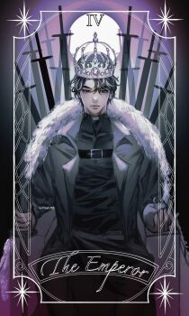 apple belt black_coat black_eyes black_hair border coat crew_neck crown elbow_rest evie_(baoxiao) expressionless feet_out_of_frame food fruit fur_coat gem highres holding holding_food holding_fruit holding_sword holding_weapon looking_at_viewer moon_behind_head omniscient_reader&#039;s_viewpoint open_clothes open_coat ornate_border planted planted_sword planted_weapon popped_collar roman_numeral short_hair sitting sword tarot the_emperor_(tarot) throne too_many_weapons weapon yoo_joonghyuk