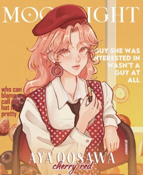 Rule 34 | 1girl, 2hzrd7, black necktie, character name, closed mouth, collared shirt, commentary, copyright name, cosmetics, curtained hair, earrings, english commentary, fingernails, food, fruit, hat, highres, holding, holding lipstick tube, jewelry, kininatteru hito ga otoko ja nakatta, lipstick tube, long hair, long sleeves, looking at viewer, nail polish, necktie, oosawa aya, pink eyes, pink hair, polka dot, red hat, red nails, shirt, solo, upper body, white shirt