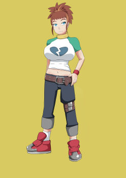 Rule 34 | belt, blue eyes, breasts, broken heart, brown hair, digimon, digimon tamers, hair ornament, hairpin, heart, highres, long hair, makino ruki, midriff, pixiv user (2280576), ponytail