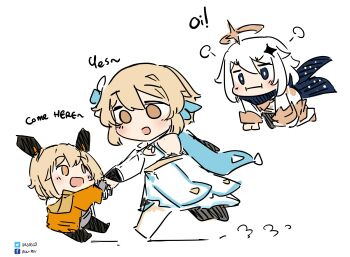 3girls absurdres artist_name blonde_hair blue_eyes blush closed_mouth crossover detached_sleeves dress english_text eye_contact facebook_logo flower genshin_impact hair_between_eyes hair_flower hair_ornament halo hand_grab headgear highres jacket looking_at_another lumine_(genshin_impact) mi-a_(tower_of_fantasy) multiple_girls open_mouth orange_jacket paimon_(genshin_impact) puff_of_air pulling romper scarf sesield sketch smile tower_of_fantasy twitter_logo white_dress white_flower white_hair white_romper yellow_eyes