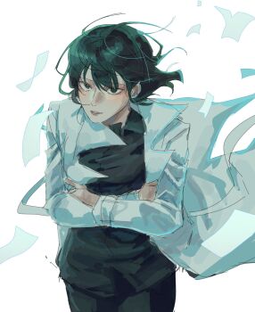 1girl aegyo_sal black_eyes black_hair black_shirt bob_cut coat collared_shirt crossed_arms falling_paper han_sooyoung highres looking_at_viewer nadardoh omniscient_reader&#039;s_viewpoint open_clothes open_coat parted_lips popped_collar shirt short_hair solo white_coat wind