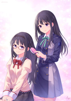 2girls akemi_homura belt black_hair black_hairband black_skirt blue_belt blue_dress bow bowtie brushing_another's_hair brushing_hair closed_mouth commentary commission cowboy_shot crossover dress dsazurius english_commentary glasses green_ribbon grey_dress hair_brush hairband highres holding holding_hair_brush inoue_takina jewelry juliet_sleeves long_hair long_sleeves looking_at_another lycoris_recoil lycoris_uniform mahou_shoujo_madoka_magica mahou_shoujo_madoka_magica_(anime) mitakihara_school_uniform multiple_girls neck_ribbon pink_background plaid_clothes plaid_skirt puffy_sleeves purple_eyes red-framed_eyewear red_bow red_bowtie ribbon ring school_uniform semi-rimless_eyewear shirt sitting skirt smile standing sweater trait_connection twitter_username two-tone_dress white_shirt yellow_sweater