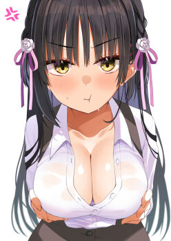 1girl :t absurdres anger_vein black_hair blush breasts brown_skirt cafe_stella_to_shinigami_no_chou cleavage closed_mouth collarbone collared_shirt commentary earrings eyelashes eyes_visible_through_hair flower grabbing_own_breast hair_behind_ear hair_between_eyes hair_flower hair_ornament hair_ribbon hairclip highres jewelry large_breasts long_hair long_sleeves looking_at_viewer mole mole_under_eye paizuri_gesture parallel_hairclips partially_unbuttoned pink_ribbon pout presenting_breasts ribbon rose shiki_natsume shirt simple_background skirt solo straight-on straight_hair stud_earrings suspender_skirt suspenders sweat tsurime upper_body urakawa_^p^ v-shaped_eyebrows very_long_hair white_background white_flower white_rose white_shirt yellow_eyes