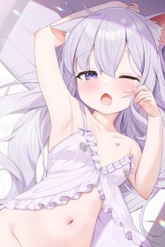 1girl animal_ears arm_up armpits babydoll bad_id bad_twitter_id breasts cat_ears collarbone commentary_request cropped fang flat_chest grey_hair groin hand_up heart_pasties highres loli long_hair lying merchandise_available navel on_back one_eye_closed open_mouth original pasties purple_eyes skin_fang solo tearing_up tears tsukiman white_babydoll