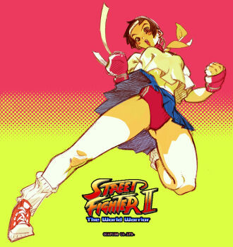 1girl a_tai blue_sailor_collar blue_skirt boxing_gloves breasts brown_eyes brown_hair buruma clenched_hand clenched_hands commentary converse copyright_name crop_top fighting_stance fingerless_gloves from_below full_body gloves gluteal_fold gradient_background green_background headband kasugano_sakura leg_warmers looking_at_viewer loose_socks medium_breasts midriff miniskirt navel neckerchief open_mouth panties pleated_skirt red_buruma red_gloves sailor_collar school_uniform serafuku shirt shoes short_hair short_sleeves skirt sneakers socks solo street_fighter street_fighter_zero_(series) teeth underwear upper_teeth_only upskirt white_headband white_shirt wind wind_lift yellow_background yellow_neckerchief