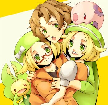 10s 1boy 2girls bianca_(pokemon) blonde_hair brown_hair burgh_(pokemon) dual_persona gen_5_pokemon glasses green_eyes group_hug gym_leader hat hug jacket leavanny multiple_girls munna nintendo open_mouth pokemon pokemon_(creature) pokemon_bw pokemon_bw2 red_eyes ribbon short_hair smile