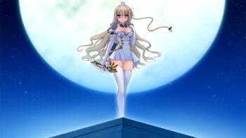 1girl ahoge black_bow black_bowtie blonde_hair blue_eyes blush bow bowtie braid breasts cleavage detached_collar dress elbow_gloves frills full_moon game_cg genseishinki_sacred_virth gloves hair_ornament hand_on_own_chest holding holding_weapon large_breasts long_hair looking_at_viewer magical_girl microdress moon night non-web_source official_art panties pantyshot puffy_short_sleeves puffy_sleeves purple_eyes rooftop sacred_claire short_dress short_sleeves single_braid skindentation sky solo standing star_(sky) star_(symbol) starry_sky strapless strapless_dress sword thighhighs tierna_aeride_throne underwear variant_set very_long_hair wavy_hair weapon white_dress white_gloves white_panties white_thighhighs yuugure_pairo