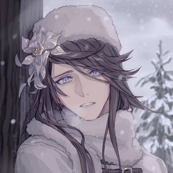 Rule 34 | 1boy, blue eyes, blurry, blurry background, brown hair, commentary request, flower, fur hat, fur scarf, granblue fantasy, hat, hat flower, jacket, long hair, looking at viewer, male focus, papakha, parted lips, pine tree, poinsettia, portrait, pota (bluegutty), sariel (granblue fantasy), scarf, snow, snowing, solo, swept bangs, tree, white flower, white hat, white jacket, white scarf, winter clothes