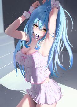 1girl absurdres ahoge arm_up armpits bare_shoulders bed blue_hair blue_jacket blush breasts camisole cleavage collarbone commentary_request elf frilled_wrist_cuffs frills fur-trimmed_jacket fur_trim hair_between_eyes hair_tie_in_mouth heart heart_ahoge highres hololive indoors jacket large_breasts long_hair mouth_hold official_alternate_costume official_alternate_hairstyle open_mouth pointy_ears polka_dot polka_dot_camisole polka_dot_skirt signature skirt sleepwear smile solo stomach torjun_111 virtual_youtuber white_camisole white_skirt wrist_cuffs yellow_eyes yukihana_lamy yukihana_lamy_(roomwear)