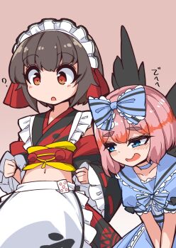 Rule 34 | 1boy, 1girl, ?, apron, ayumu (fun bo), back ribbon, black bow, black wings, blue bow, blue bowtie, blue choker, blue dress, blue eyes, blue sailor collar, blush, bob cut, bow, bowtie, brown hair, choker, commentary request, cosplay, costume switch, crossdressing, crossdressing (mtf), detached sleeves, dress, dress bow, frilled bow, frilled dress, frilled hairband, frilled sailor collar, frilled sleeves, frills, fun bo, hair bow, hairband, highres, indie virtual youtuber, japanese clothes, large bow, lolita fashion, mahjong, mahjong tile, maid, male focus, midriff, navel, obi, open mouth, original, pink hair, puffy short sleeves, puffy sleeves, red background, red eyes, ribbon-trimmed sleeves, ribbon trim, sailor collar, sash, senba kurono, senba kurono (cosplay), short hair, short sleeves, simple background, skirt, sleeve bow, smile, thick eyebrows, waist apron, wings