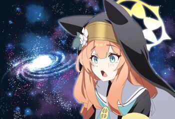1girl blue_archive blue_eyes halo kirigakure_(iroiro_tsukauyo) mari_(blue_archive) meme open_mouth orange_hair space_cat_(meme) yellow_halo