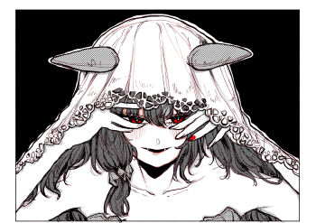 1girl absurdres animal_ears bare_shoulders black_background blush collarbone commentary english_commentary hair_between_eyes hair_ornament hair_over_shoulder hands_on_own_face hands_up highres horse_ears horse_girl lace-trimmed_veil lace_trim long_hair long_sleeves nail_polish red_eyes red_nails rinren_(chun8chun8chun) simple_background solo spot_color still_in_love_(umamusume) umamusume