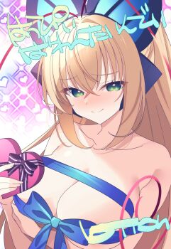 Rule 34 | 1girl, azure striker gunvolt, blonde hair, blue eyes, blue ribbon, blush, box, breasts, butterfly hair ornament, commentary request, green eyes, hair ornament, heart-shaped box, high ponytail, highres, large breasts, lololotton, lumen (gunvolt), naked ribbon, pink background, ponytail, ribbon, solo, upper body, valentine