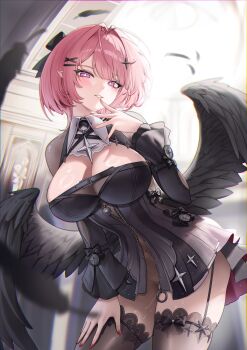 1girl absurdres black_bow black_dress black_feathers black_shrug black_thighhighs black_wings blush bottomless bow breasts chromatic_aberration cleavage commentary_request cowboy_shot cum cum_in_pussy dress feathered_wings feathers fingernails hair_bow hair_intakes hand_on_own_thigh hand_up highres indoors kmos large_breasts leaning_forward long_fingernails long_hair long_sleeves looking_at_viewer low_wings nail_polish navel paid_reward_available parted_lips partial_commentary pink_eyes pink_hair pointy_ears red_nails remielle_dan short_dress shrug_(clothing) sidelocks smile solo stomach thighhighs thighs wings zenless_zone_zero