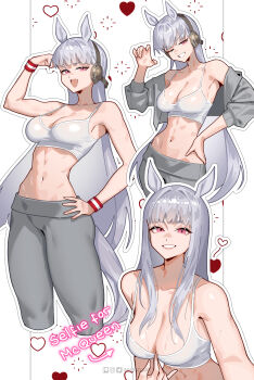 1girl blunt_bangs blush bra flexing_pectorals gold_ship_(umamusume) grey_pants grin highres horse_girl horse_tail inhoso long_hair looking_at_viewer muscular muscular_female navel open_clothes pants purple_eyes smile stomach tail umamusume underwear white_bra white_hair yoga_pants