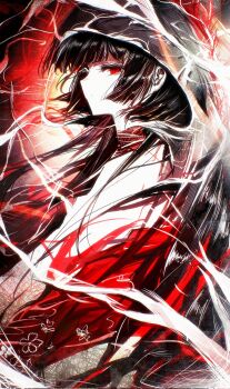 1girl black_hair bridal_veil closed_mouth floral_print from_side highres hood japanese_clothes kan_084 kimono limbus_company long_hair looking_at_viewer project_moon red_eyes ryoshu_(project_moon) see-through_clothes shiromuku solo uchikake veil wataboushi white_kimono