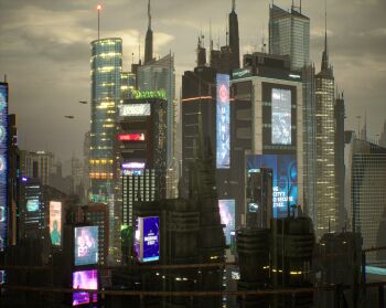 3d absurdres building city city_lights cityscape commentary_request english_text highres motoshi_(nzxg7878) no_humans original outdoors overcast scenery science_fiction sky skyline skyscraper